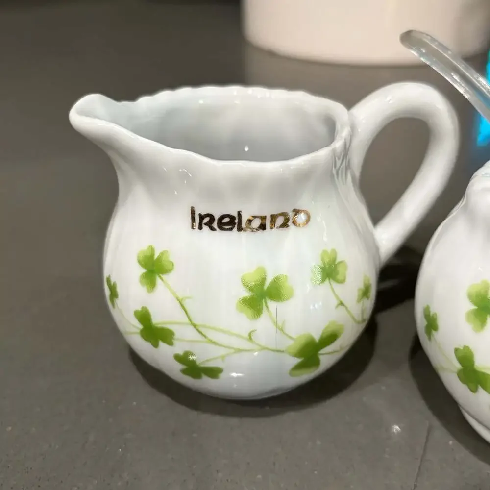 Vintage Ireland Shamrock Pattern Porcelain Creamer and Sugar Bowl Set